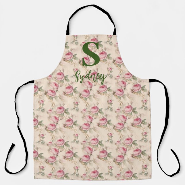 Pink Roses Floral Kitchen Apron Custom Monogram (Front)