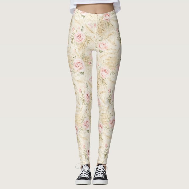 Pink Roses Floral Leggings (Front)