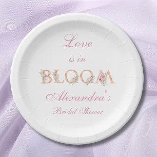 Pink roses Floral Love is in Bloom Bridal Shower Paper Plate