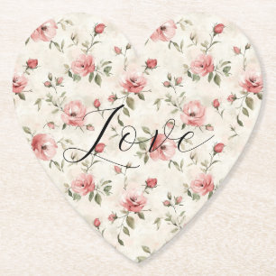Pink Roses Floral Love Paper Coaster