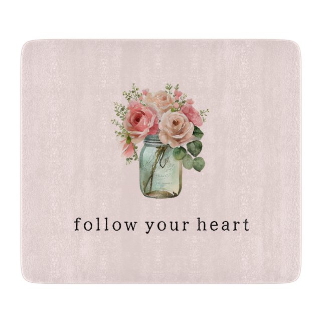 Pink Roses Floral Mason Jar Cutting Board (Front)