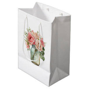Pink Roses Floral Mason Jar Medium Gift Bag