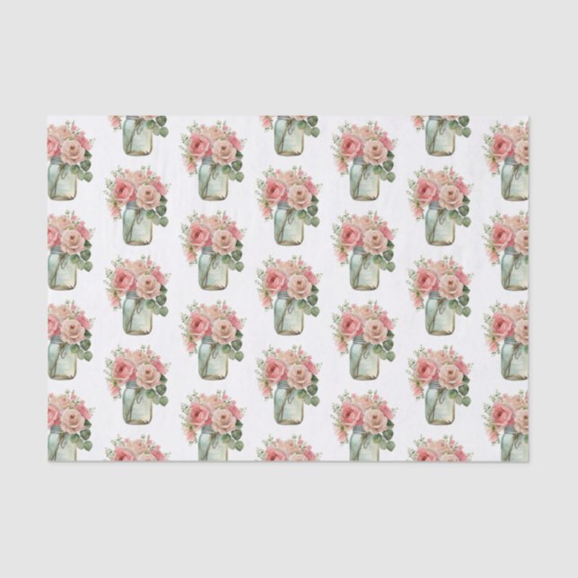 Pink Roses Floral Mason Jar Tissue Paper (Front)