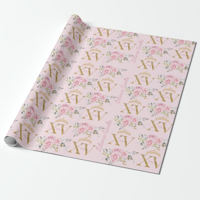 Pink Roses Floral Mis XV Quinceanera 15 Birthday Wrapping Paper (Unrolled)