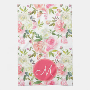 Pink Roses Floral Monogrammed Kitchen Towel