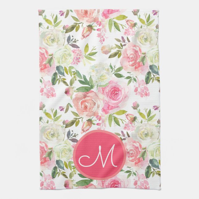 Pink Roses Floral Monogrammed Kitchen Towel (Vertical)