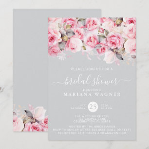 Pink Roses Floral on Grey Bridal Shower Invitation