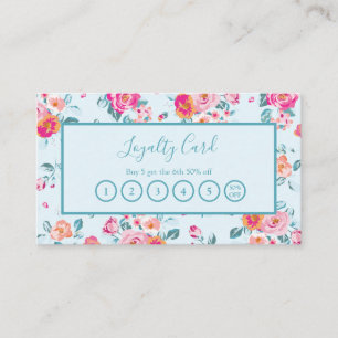 Pink Roses Floral On Mint Loyalty Punch Card