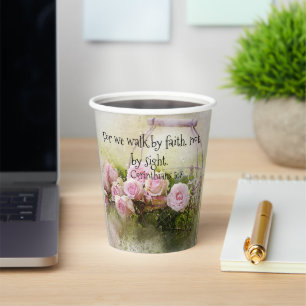 Pink Roses Floral Paper Cup Faith Scripture