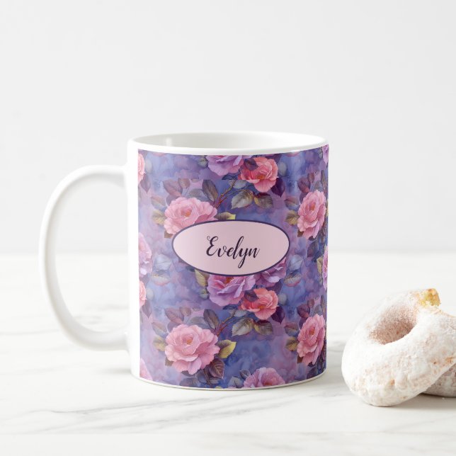 Pink Roses Floral Personalised Coffee Mug Custom (With Donut)