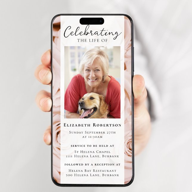 Pink Roses Floral Photo Funeral Digital Evite Invitation (Creator Uploaded)