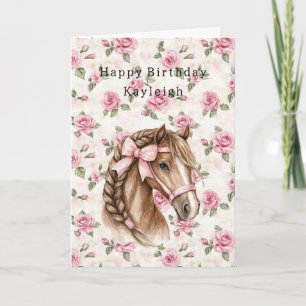 Pink Roses Floral Pretty Horse Pink Bow Birthday Card