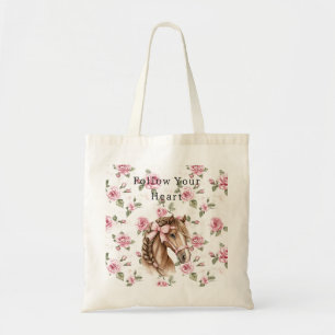 Pink Roses Floral Pretty Horse Pink Bow Tote Bag