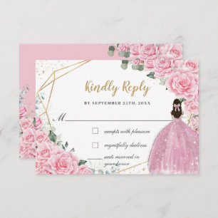 Pink Roses Floral Quinceanera Princess Dress Reply RSVP Card