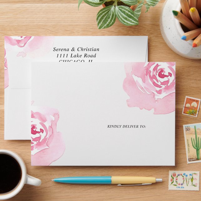 Pink Roses Floral  Return Address Envelope (Desk)