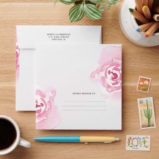 Pink Roses Floral  Return Address Square Envelope (Desk)