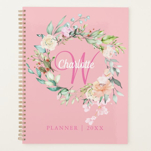 Pink Roses Floral Script Monogram 2023 Planner (Front)