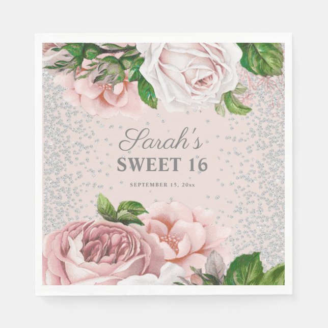 Pink Roses Floral Silver Glitter Sweet 16  Napkin (Front)