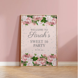 Pink Roses Floral Silver Glitter Sweet 16 Welcome Poster