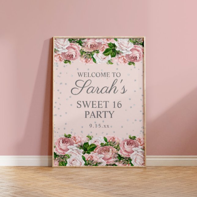 Pink Roses Floral Silver Glitter Sweet 16 Welcome  Poster (Creator Uploaded)