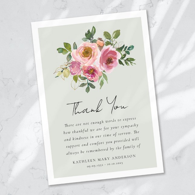 Pink Roses Floral Sympathy Funeral Thank You Card (Creator Uploaded)