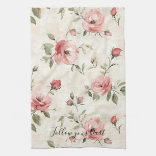 Pink Roses Floral Tea Towel