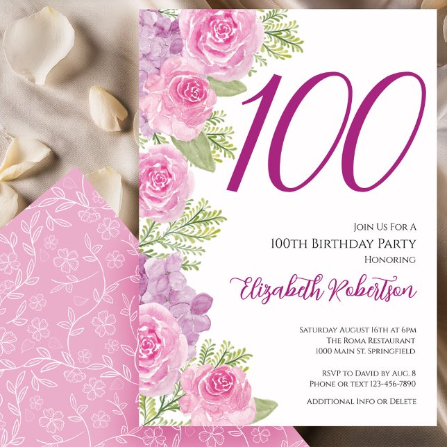 Pink Roses Floral Template 100th Birthday (Creator Uploaded)