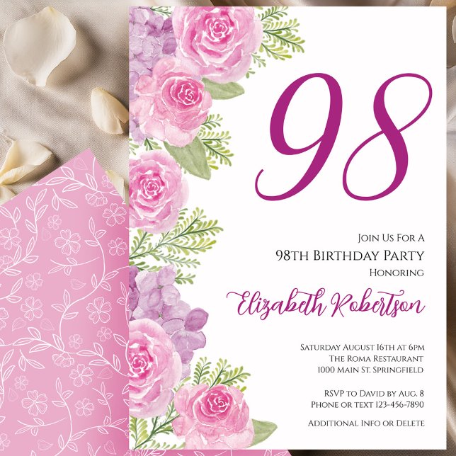 Pink Roses Floral Template 98th Birthday (Creator Uploaded)