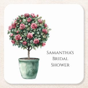 Pink Roses Floral Tree Bridal Shower Square Paper Coaster