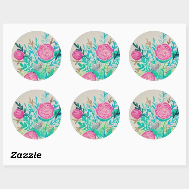  Pink Roses Floral Watercolor Pattern   Classic Round Sticker (Sheet)