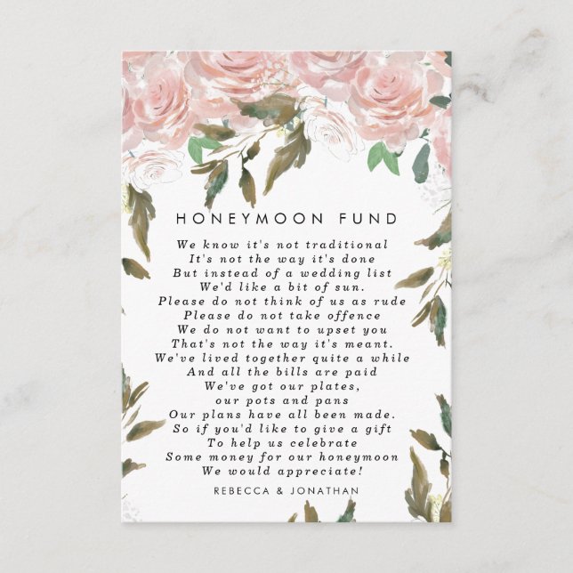 pink roses floral wedding honeymoon fund card (Front)
