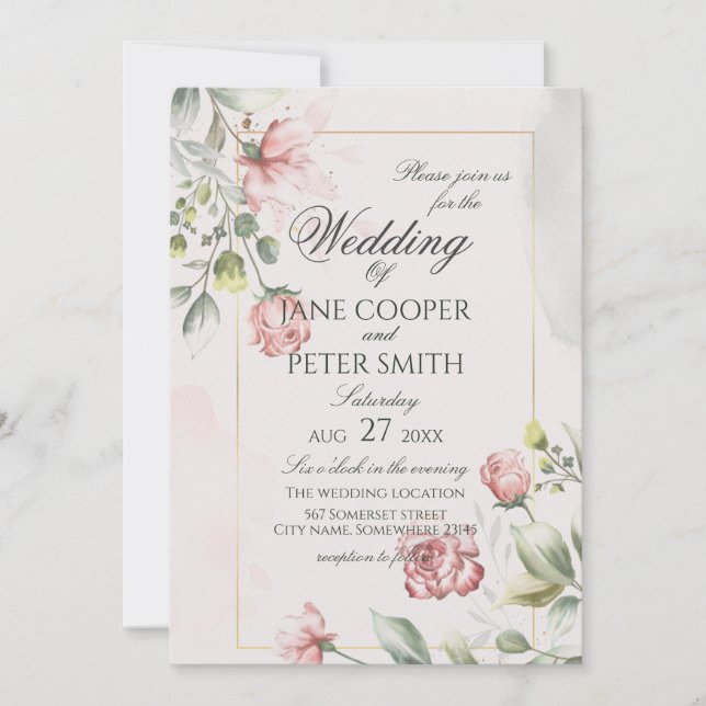 Pink Roses floral Wedding Invitation (Front)