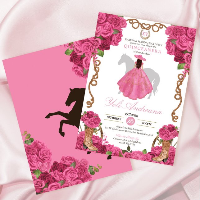 Pink Roses Floral Western Charro Quinceañera Invitation (Creator Uploaded)