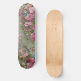 Pink Roses Floral with Bird and Butterflies Green Skateboard