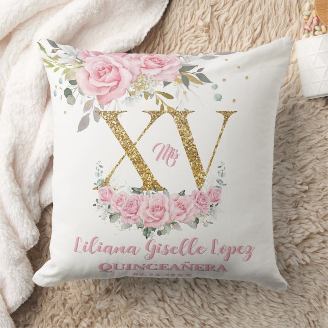 Pink Roses Floral XV QUINCEAÑERA Quince Keepsake Cushion (Blanket)