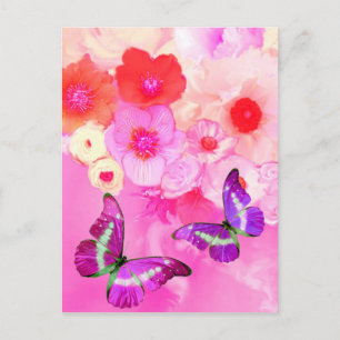 PINK ROSES, FLOWERS AND BUTTERFLIES ,Floral Easter Postcard