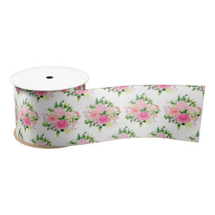 Pink Roses Flowers and Greenery Satin Ribbon