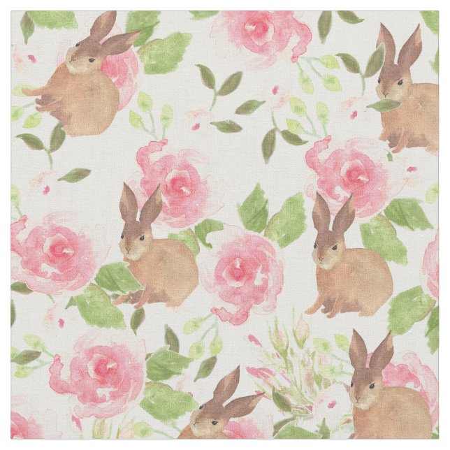 Pink roses flowers brown watercolor bunny rabbit fabric (Close Up)