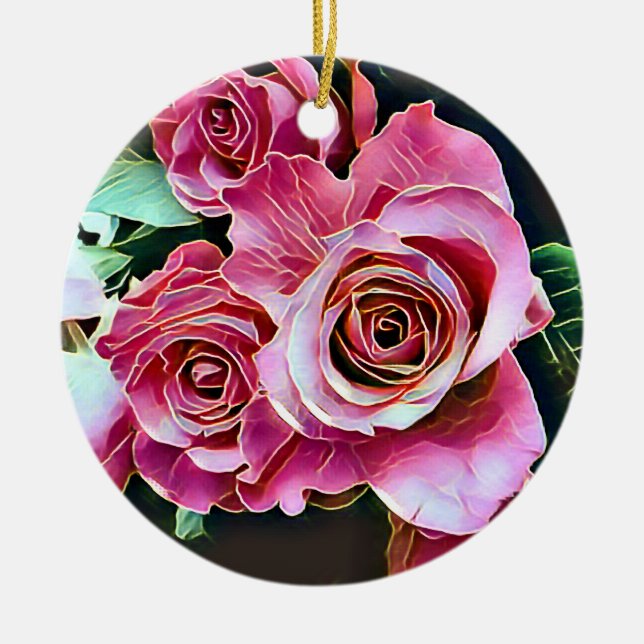 PINK ROSES FLOWERS CERAMIC TREE DECORATION (Front)