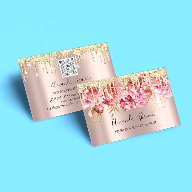 Pink Roses Flowers Golden  Drip QR CODE Logo   Business Card (Creator Uploaded)