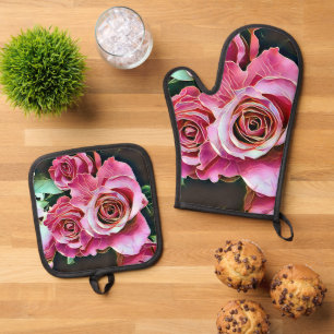 PINK ROSES FLOWERS OVEN MITT & POT HOLDER SET