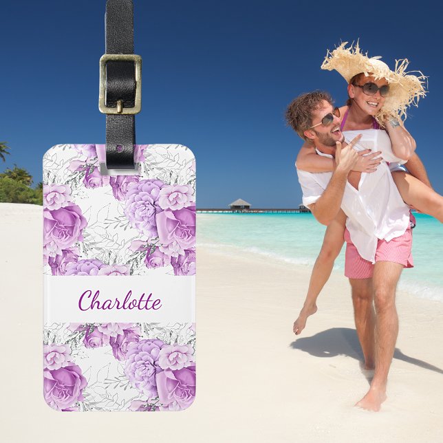 Pink roses flowers white name luggage tag (Creator Uploaded)