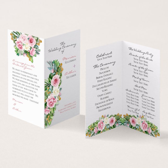 Pink Roses Folded Wedding Program (Inside and Outside)