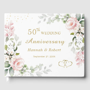 Pink Roses Foliage 50th Wedding Anniversary Guest Book