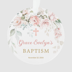 Pink Roses Foliage Cross Baptism Photo Ornament