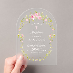 Pink Roses Frame Baptism Acrylic Invitations