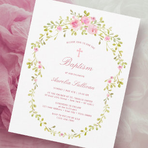 Pink Roses Frame Baptism Invitation