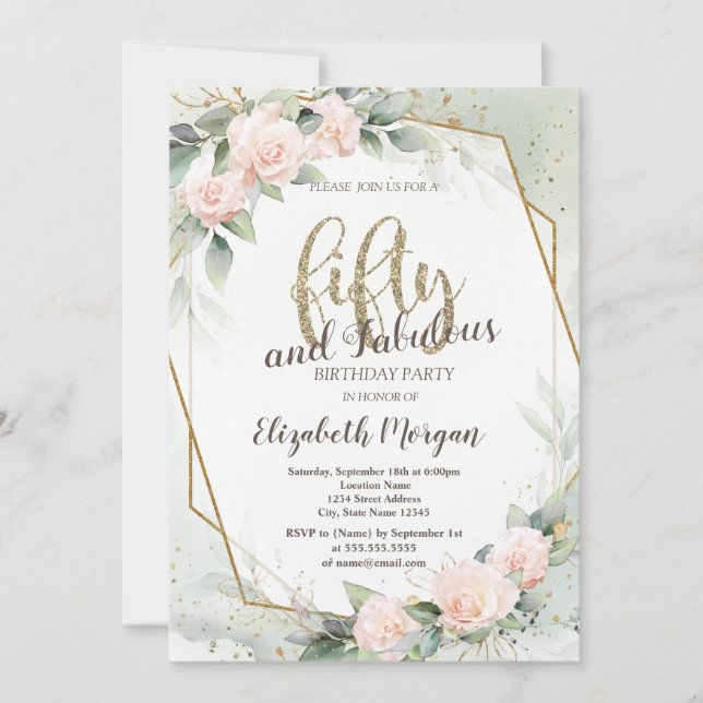 Pink Roses Frame Confetti Green 50th Birthday  Invitation (Front)