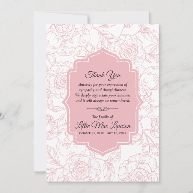 Pink Roses Funeral Memorial Thank You Cards (Front)