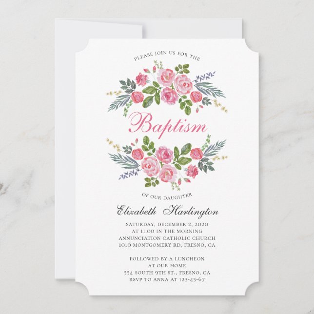 Pink roses. Garden flowers. Floral girl baptism Invitation (Front)